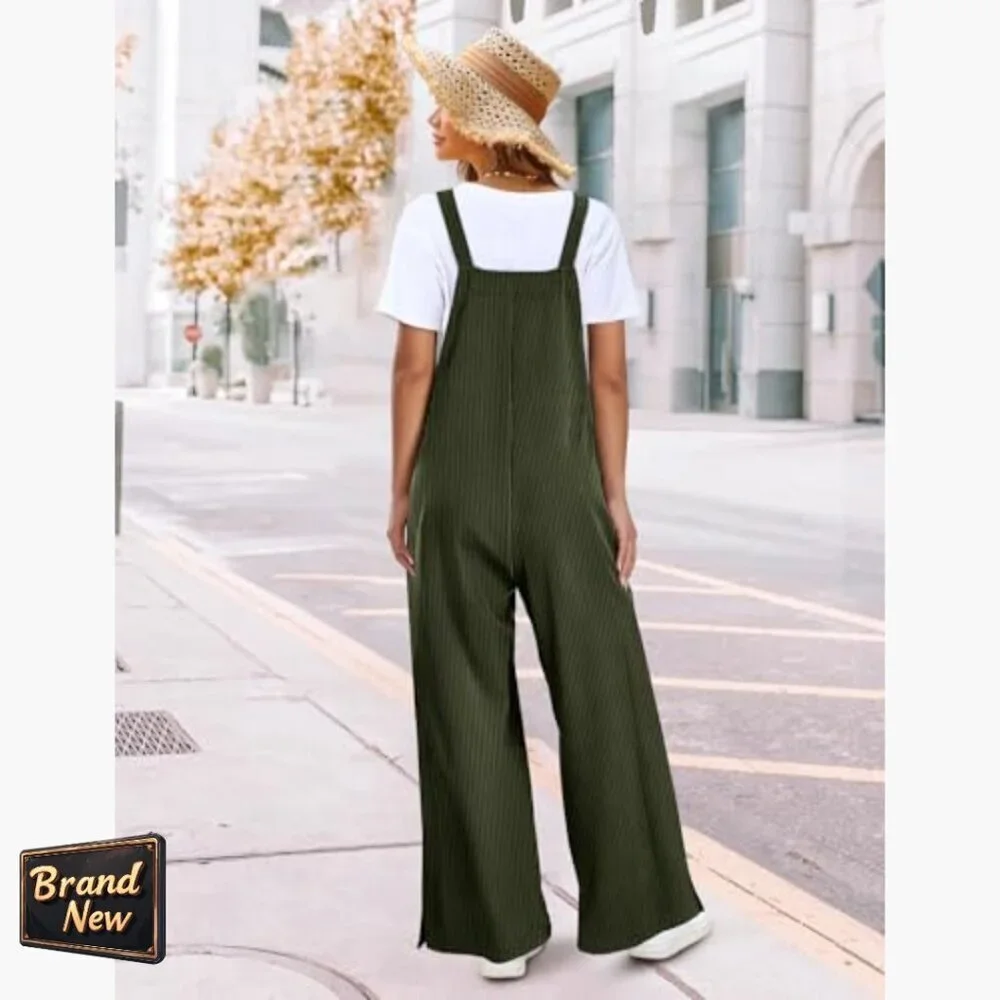 Women's Corduroy Overalls Adjustable Straps Wide Leg Jumpsuit with Pockets
